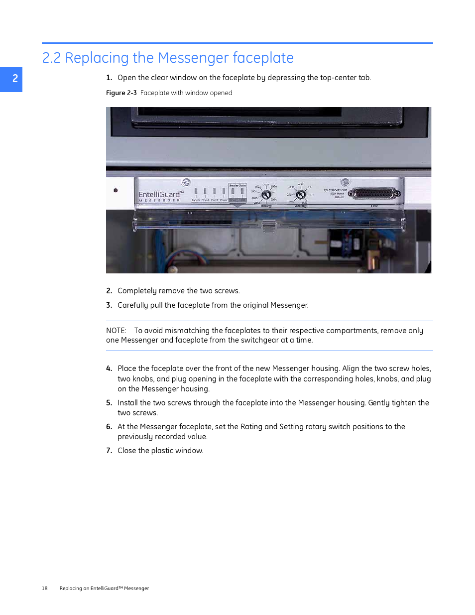 2 replacing the messenger faceplate | GE Industrial Solutions Entellisys Device Replacement Guide User Manual | Page 18 / 41