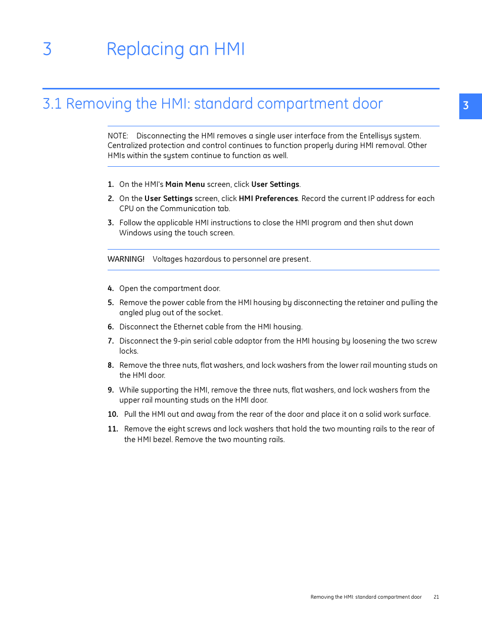 Replacing an hmi, 1 removing the hmi: standard compartment door, 3 replacing an hmi | 3replacing an hmi | GE Industrial Solutions Entellisys Device Replacement Guide User Manual | Page 21 / 41