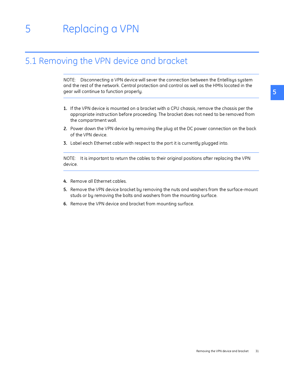 Replacing a vpn, 1 removing the vpn device and bracket, 5 replacing a vpn | 5replacing a vpn | GE Industrial Solutions Entellisys Device Replacement Guide User Manual | Page 31 / 41