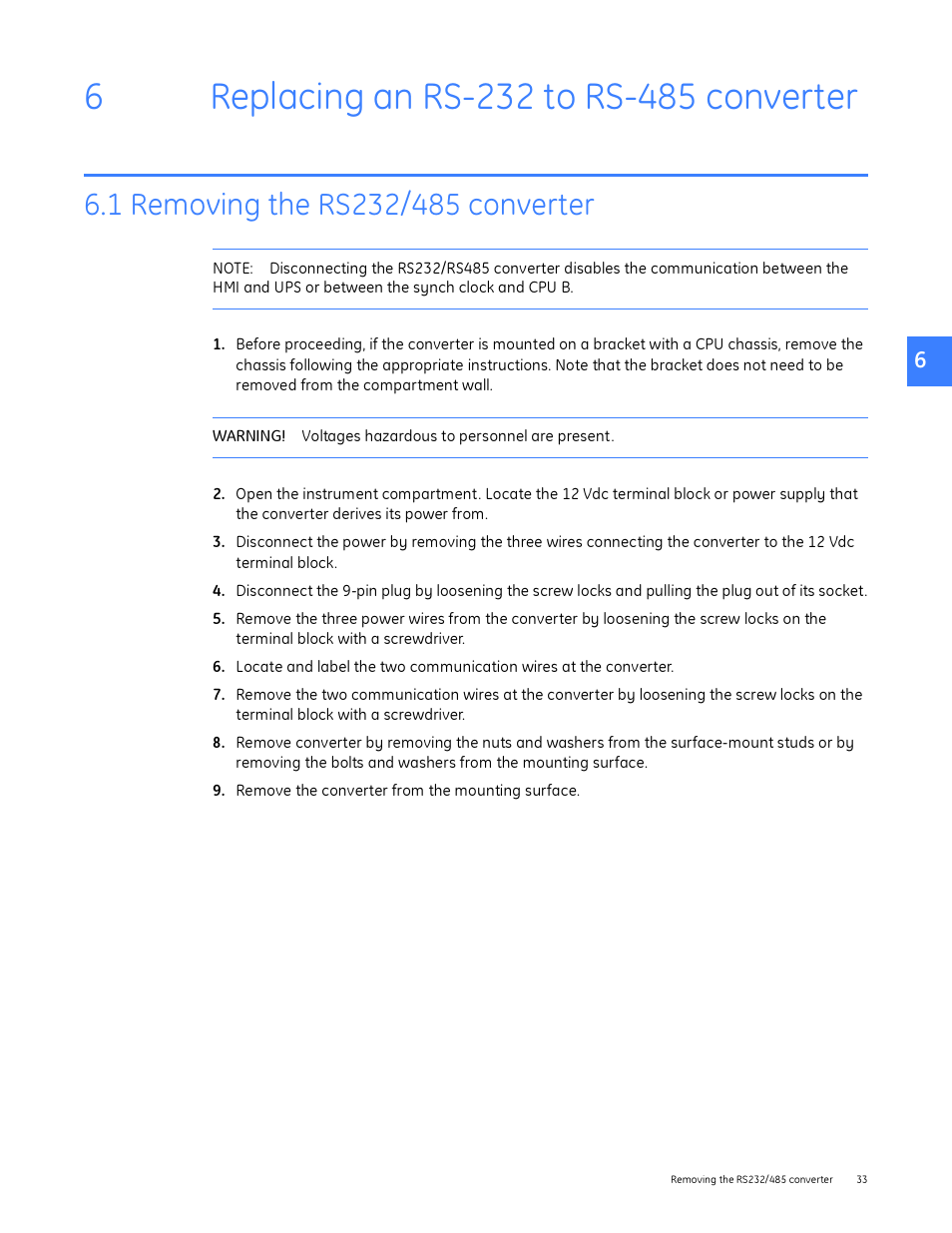 Replacing an rs-232 to rs-485 converter, 1 removing the rs232/485 converter, 6 replacing an rs-232 to rs-485 converter | GE Industrial Solutions Entellisys Device Replacement Guide User Manual | Page 33 / 41