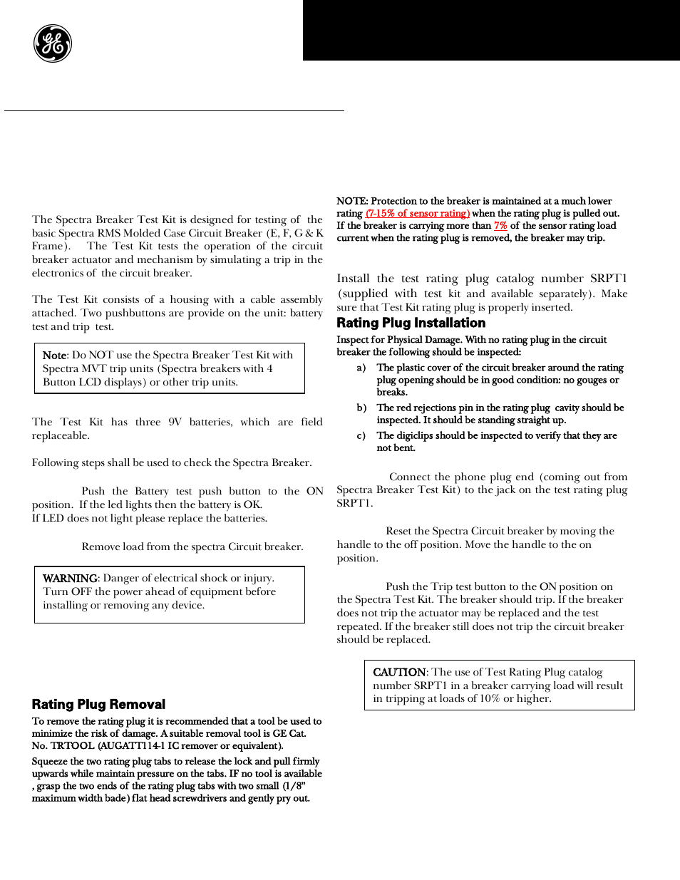 GE Industrial Solutions Spectra Breaker Test Kit (SPTK1) User Manual | 2 pages