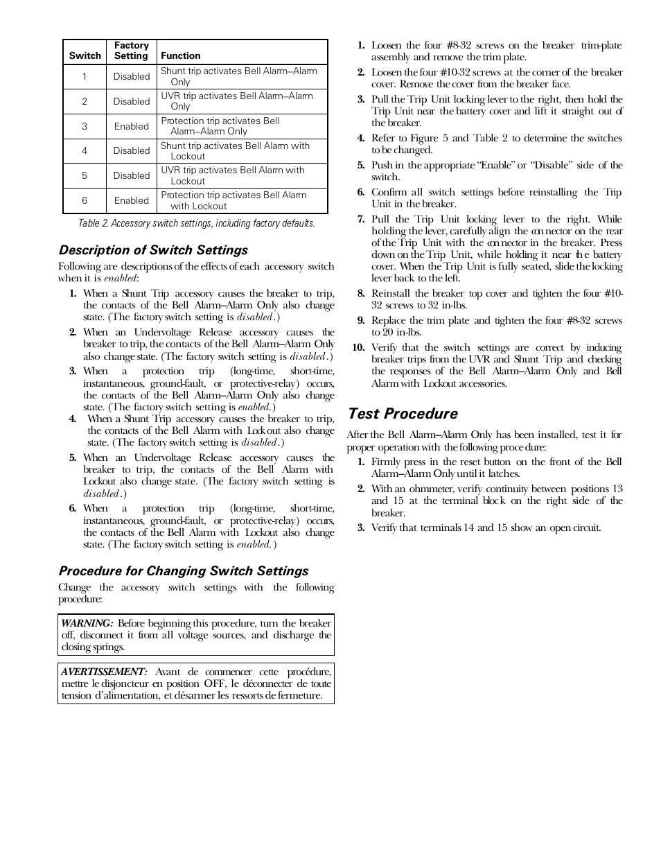 Test procedure | GE Industrial Solutions Power Break II Bell Alarm User Manual | Page 3 / 4