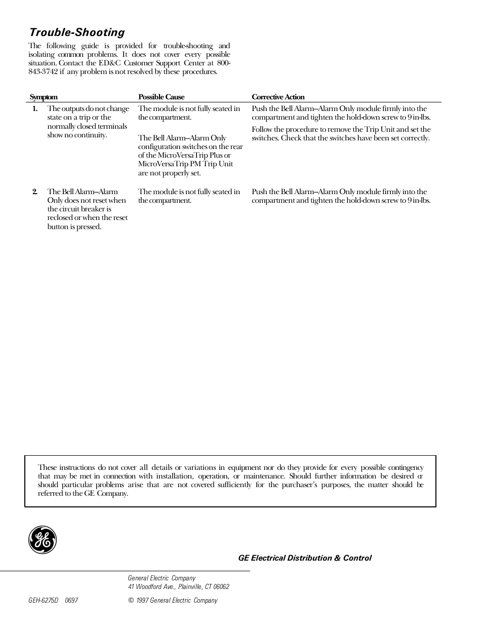 Trouble-shooting | GE Industrial Solutions Power Break II Bell Alarm User Manual | Page 4 / 4