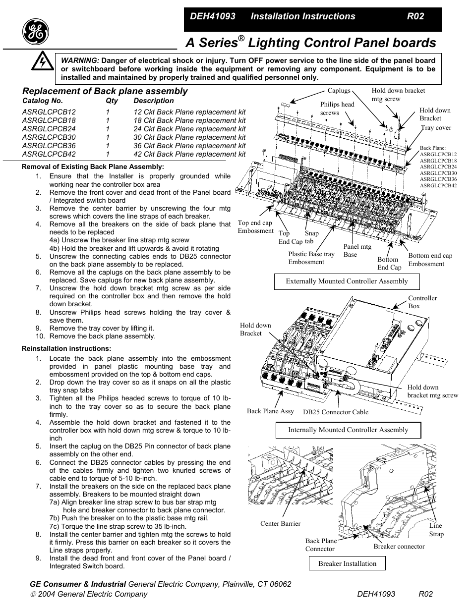 GE Industrial Solutions A Series Lighting Control Panelboards Replacement of Back plane User Manual | 1 page