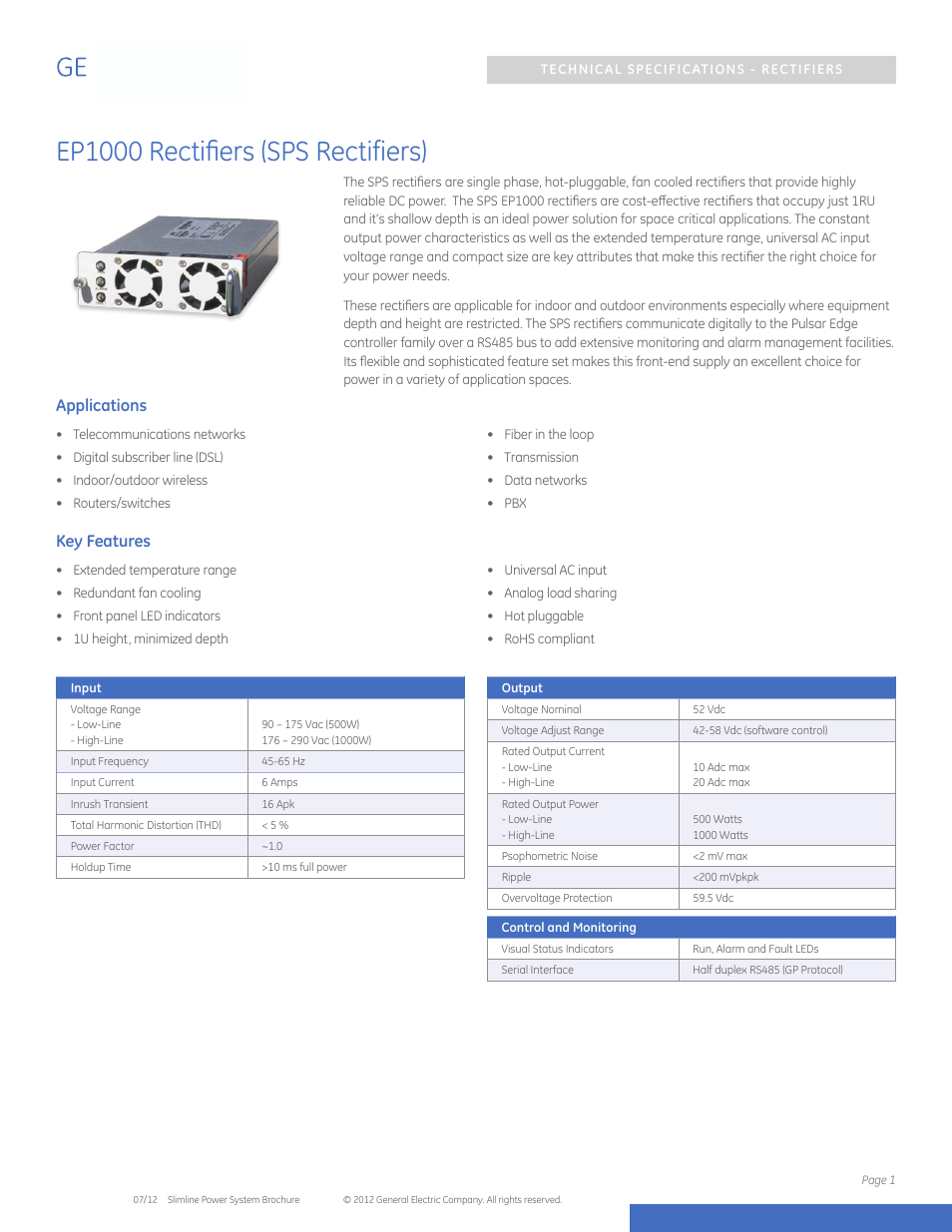 GE Industrial Solutions EP1000 Rectifiers (SPS Rectifiers) User Manual | 3 pages