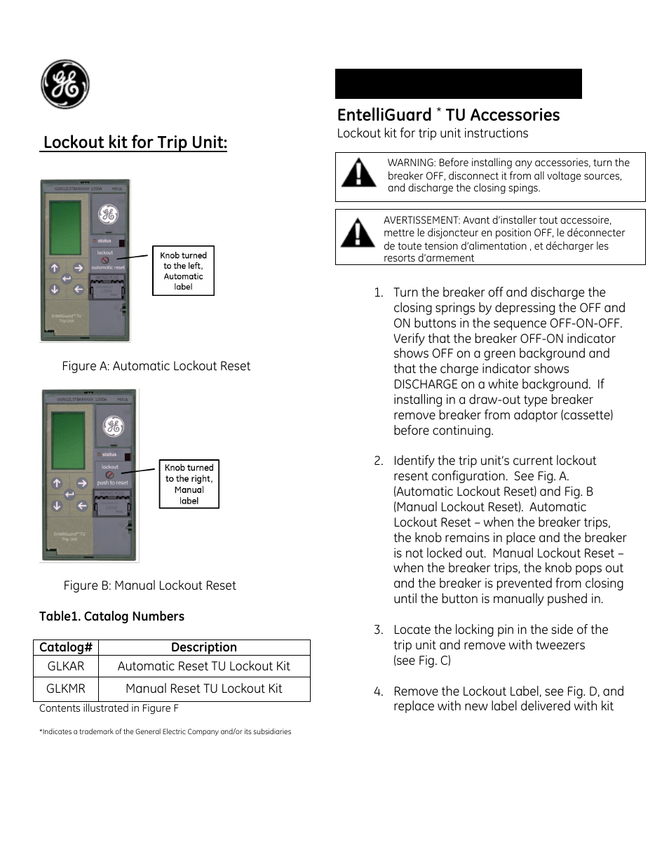 GE Industrial Solutions EntelliGuard TU Lockout kit for Trip Unit User Manual | 3 pages