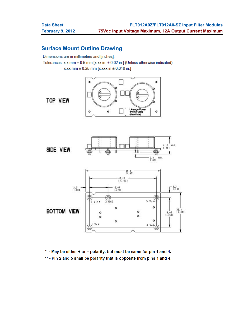 Surface mount outline drawing | GE Industrial Solutions FLT012A0-SZ User Manual | Page 11 / 13