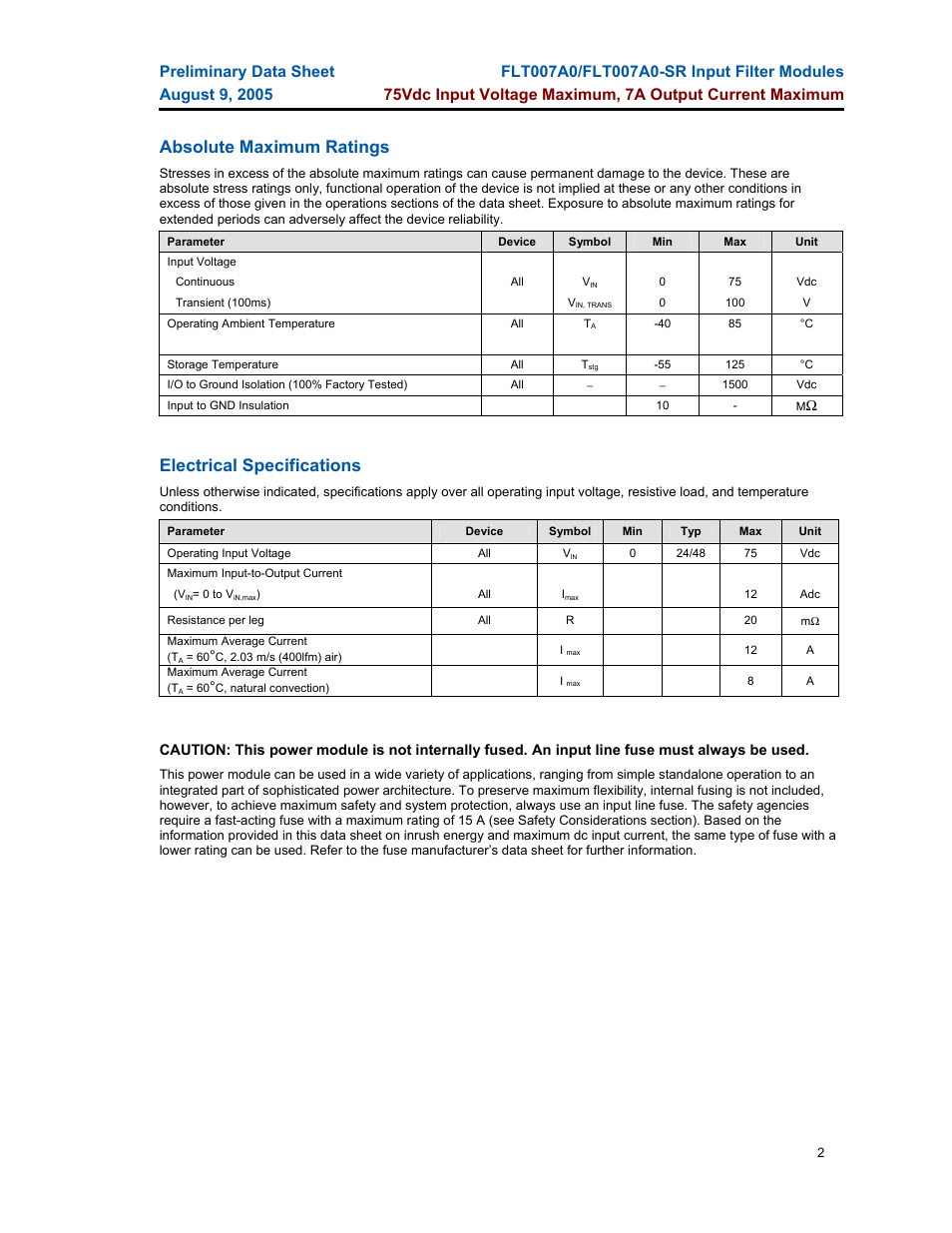Absolute maximum ratings, Electrical specifications | GE Industrial Solutions FLT012A0-SZ User Manual | Page 2 / 13
