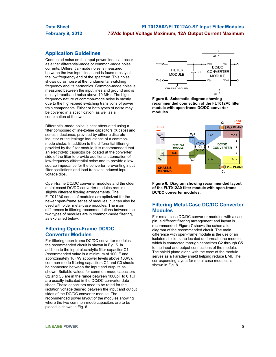 Application guidelines, Filtering open-frame dc/dc converter modules, Filtering metal-case dc/dc converter modules | GE Industrial Solutions FLT012A0-SZ User Manual | Page 5 / 13