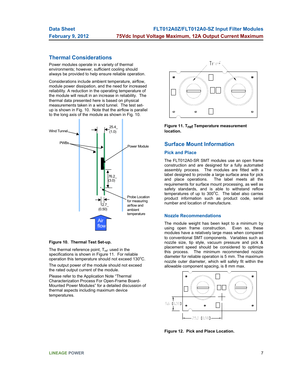 Thermal considerations, Surface mount information | GE Industrial Solutions FLT012A0-SZ User Manual | Page 7 / 13