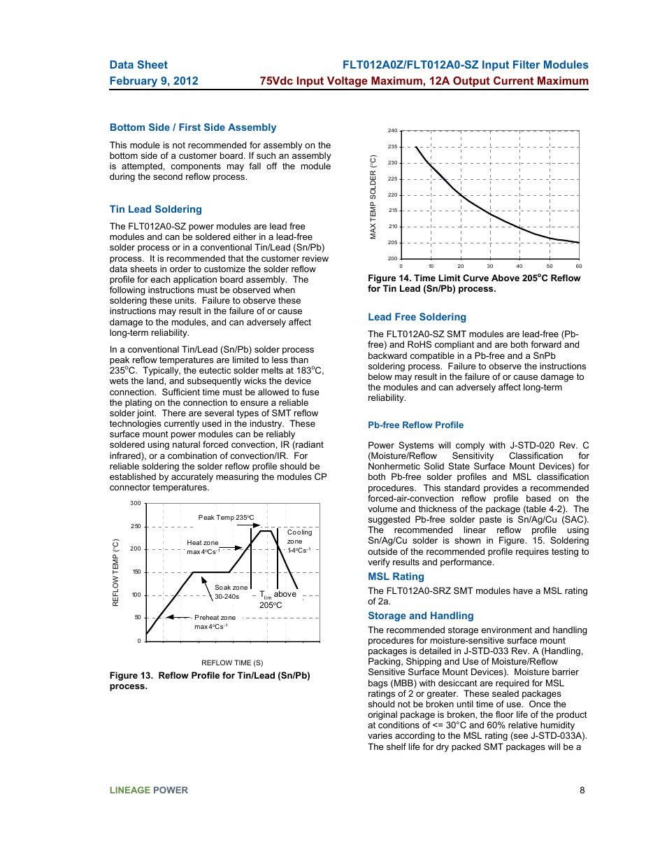 Bottom side / first side assembly, Tin lead soldering, Lead free soldering | Msl rating, Storage and handling | GE Industrial Solutions FLT012A0-SZ User Manual | Page 8 / 13