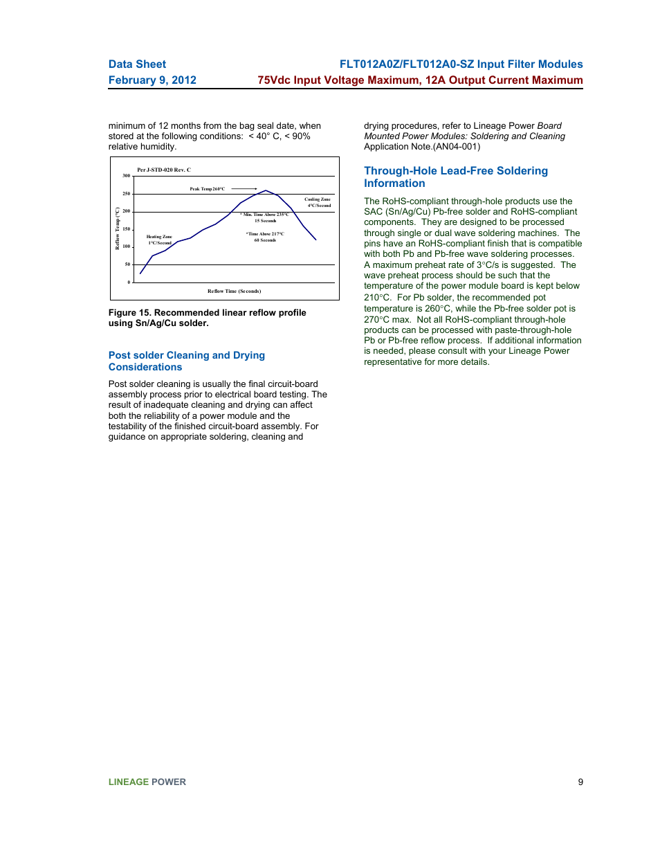 Through-hole lead-free soldering information | GE Industrial Solutions FLT012A0-SZ User Manual | Page 9 / 13