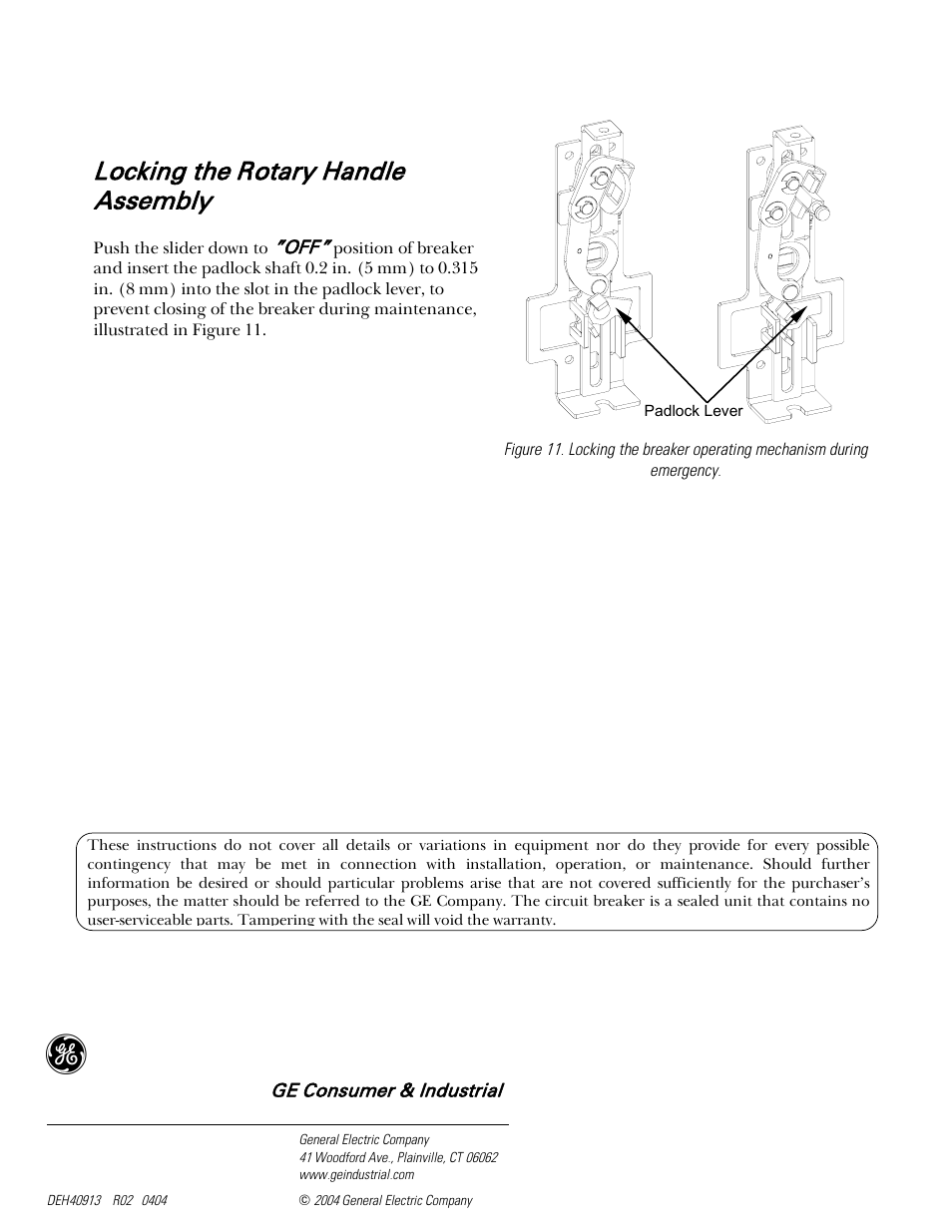 Locking the rotary handle assembly | GE Industrial Solutions Record Plus TDM, NEMA 4__4X: FC100 User Manual | Page 6 / 6
