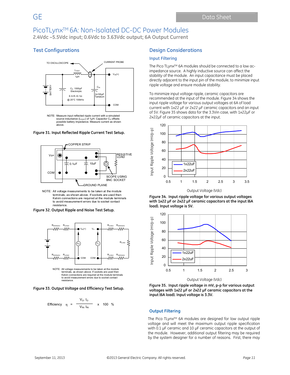 Picotlynx, 6a: non-isolated dc-dc power modules, Data sheet | Test configurations, Design considerations, Input filtering, Output filtering | GE Industrial Solutions PicoTLynx 6A User Manual | Page 11 / 23