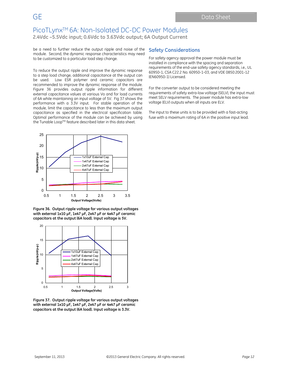 Picotlynx, 6a: non-isolated dc-dc power modules, Data sheet | Safety considerations | GE Industrial Solutions PicoTLynx 6A User Manual | Page 12 / 23