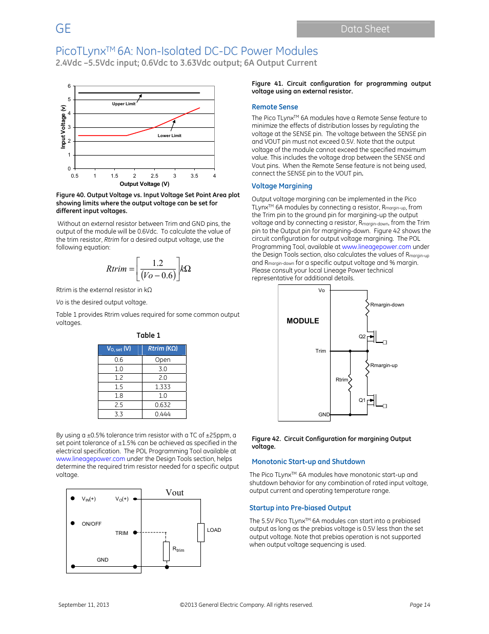 Picotlynx, 6a: non-isolated dc-dc power modules, Data sheet | Ω      − = k vo rtrim 6 . 0 2 . 1, Vout | GE Industrial Solutions PicoTLynx 6A User Manual | Page 14 / 23