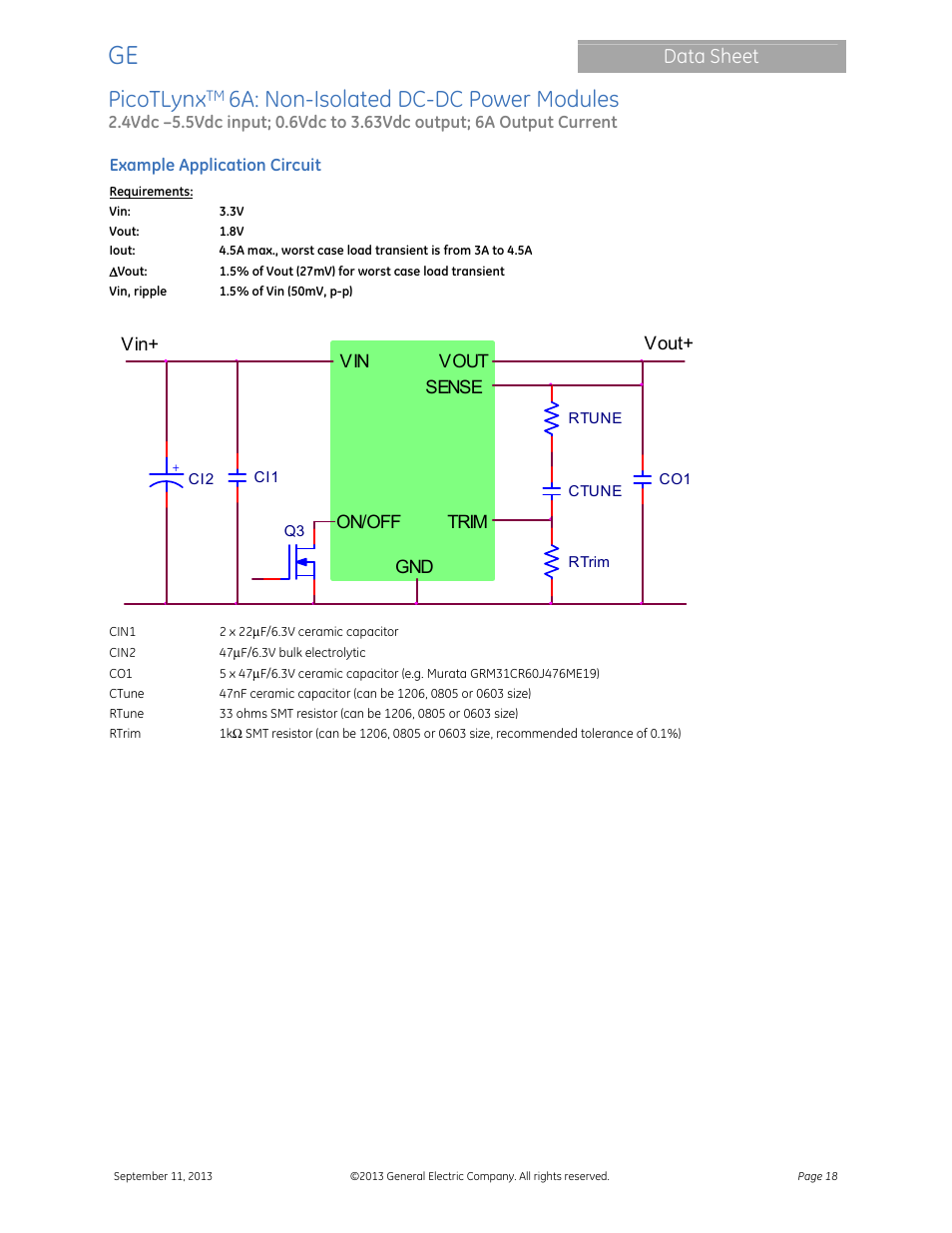Module, Picotlynx, 6a: non-isolated dc-dc power modules | Data sheet | GE Industrial Solutions PicoTLynx 6A User Manual | Page 18 / 23