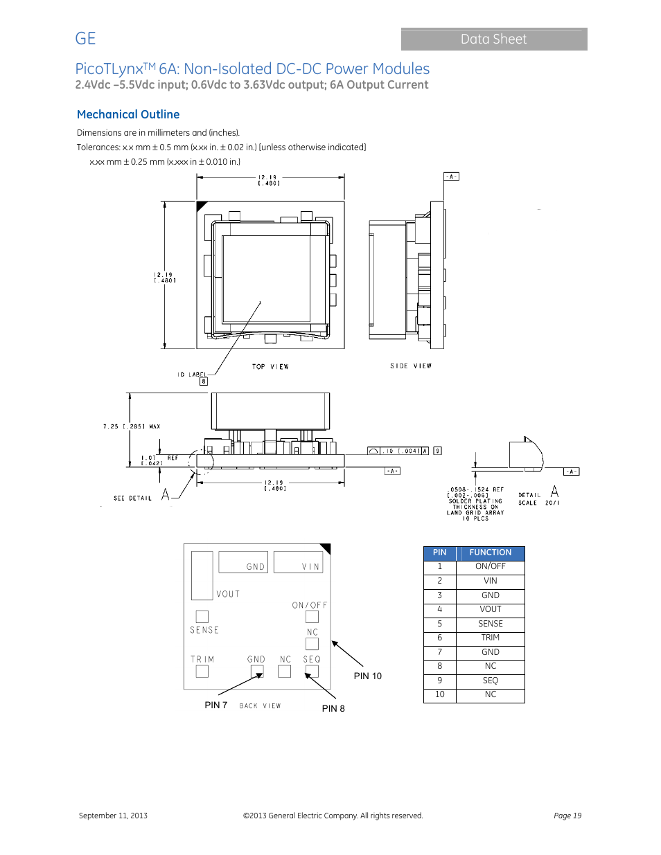 Picotlynx, 6a: non-isolated dc-dc power modules, Data sheet | GE Industrial Solutions PicoTLynx 6A User Manual | Page 19 / 23