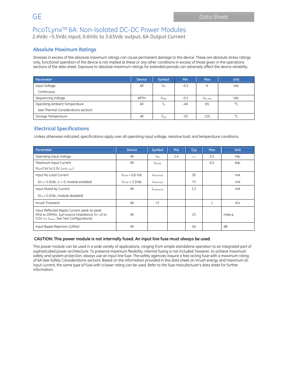 Picotlynx, 6a: non-isolated dc-dc power modules, Data sheet | Absolute maximum ratings, Electrical specifications | GE Industrial Solutions PicoTLynx 6A User Manual | Page 2 / 23