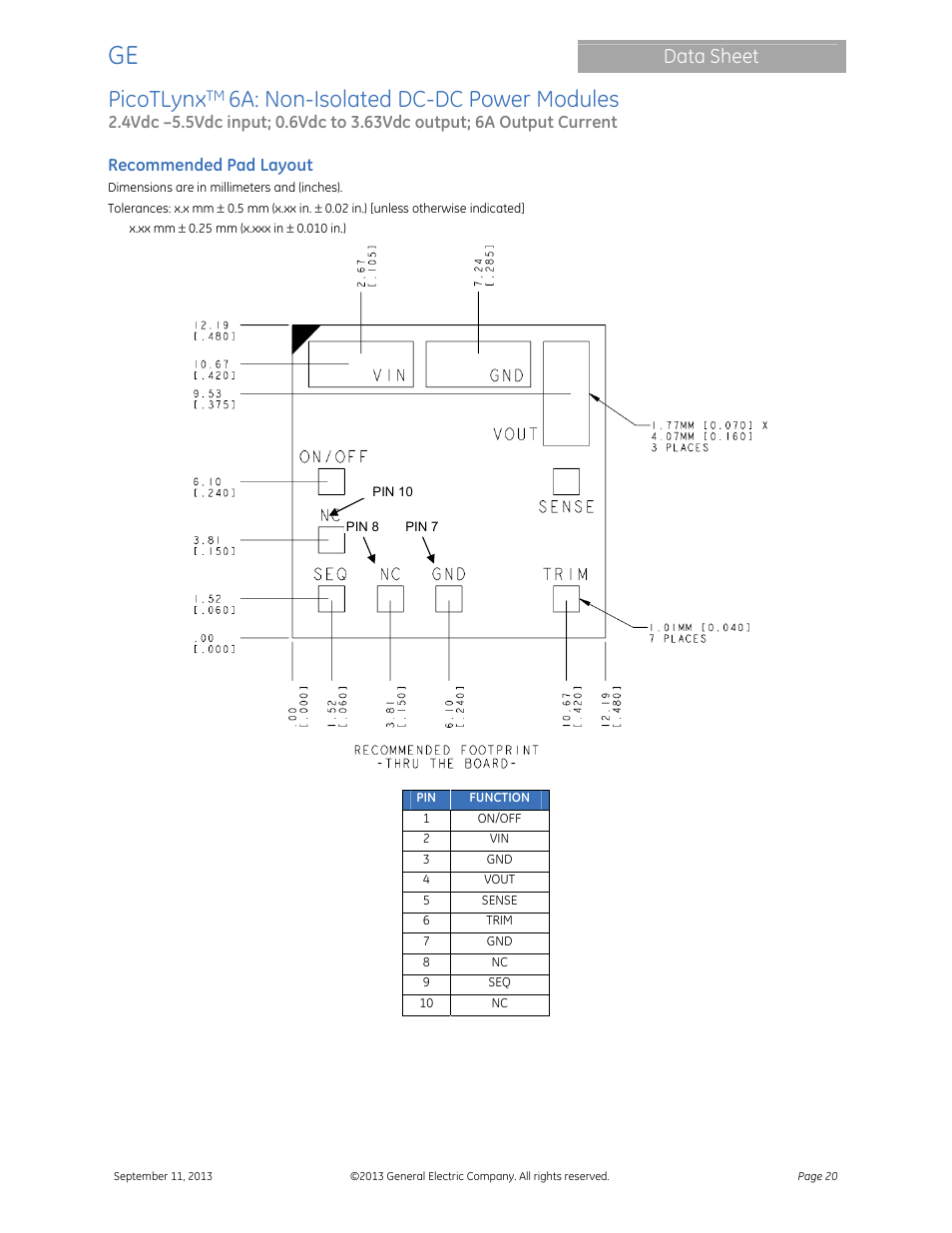 Picotlynx, 6a: non-isolated dc-dc power modules, Data sheet | GE Industrial Solutions PicoTLynx 6A User Manual | Page 20 / 23