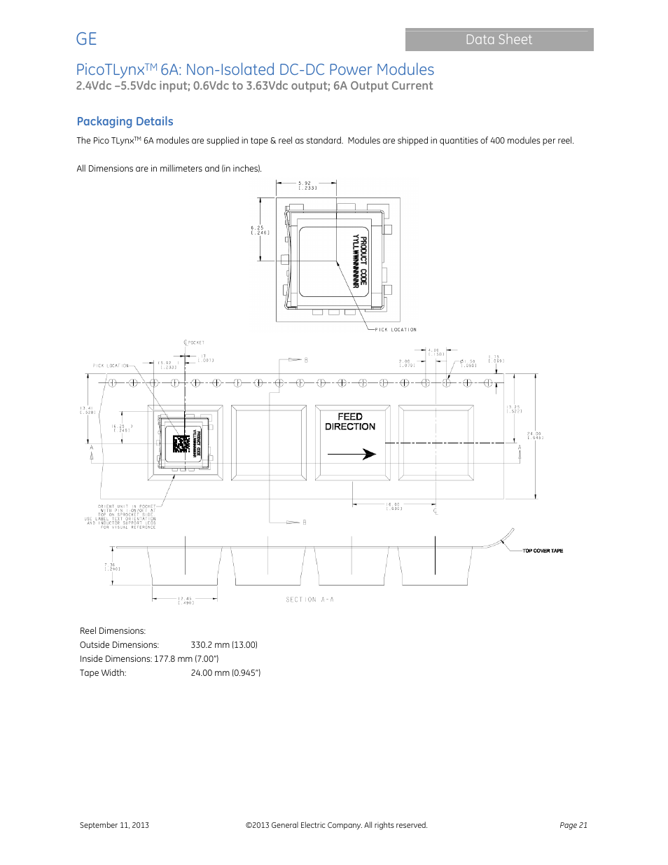 Picotlynx, 6a: non-isolated dc-dc power modules, Data sheet | GE Industrial Solutions PicoTLynx 6A User Manual | Page 21 / 23