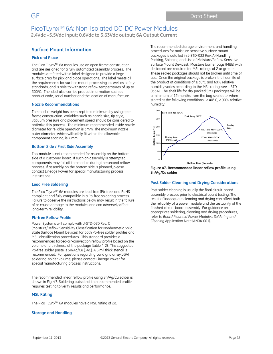 Picotlynx, 6a: non-isolated dc-dc power modules, Data sheet | Surface mount information | GE Industrial Solutions PicoTLynx 6A User Manual | Page 22 / 23