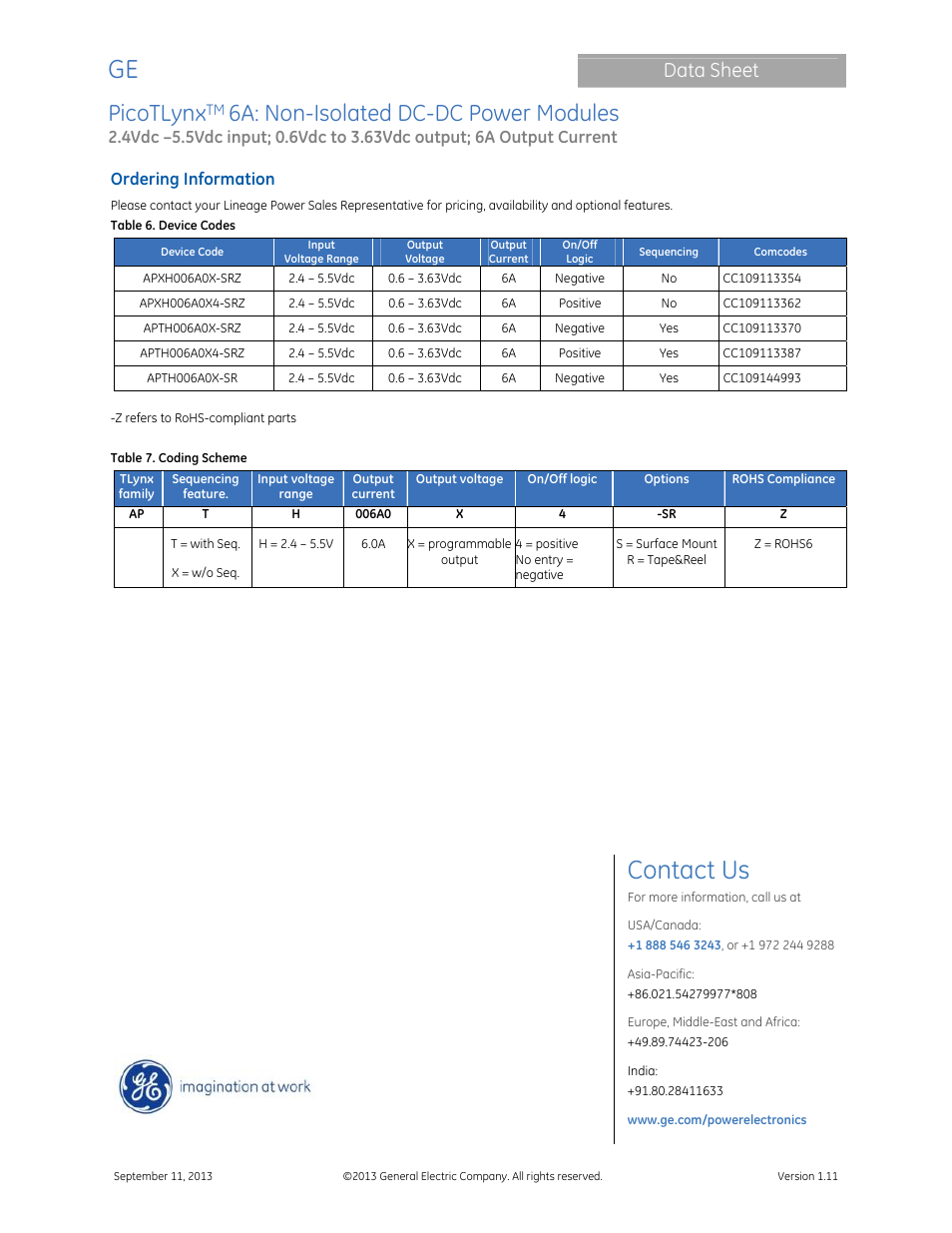 Contact us, Picotlynx, 6a: non-isolated dc-dc power modules | Data sheet, Ordering information | GE Industrial Solutions PicoTLynx 6A User Manual | Page 23 / 23