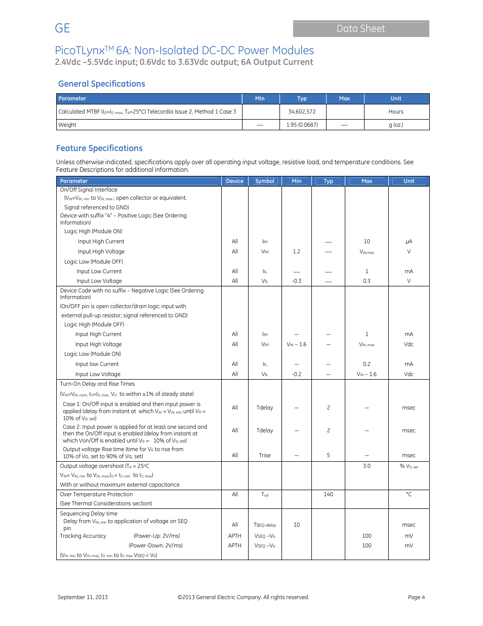 Picotlynx, 6a: non-isolated dc-dc power modules, Data sheet | General specifications, Feature specifications | GE Industrial Solutions PicoTLynx 6A User Manual | Page 4 / 23