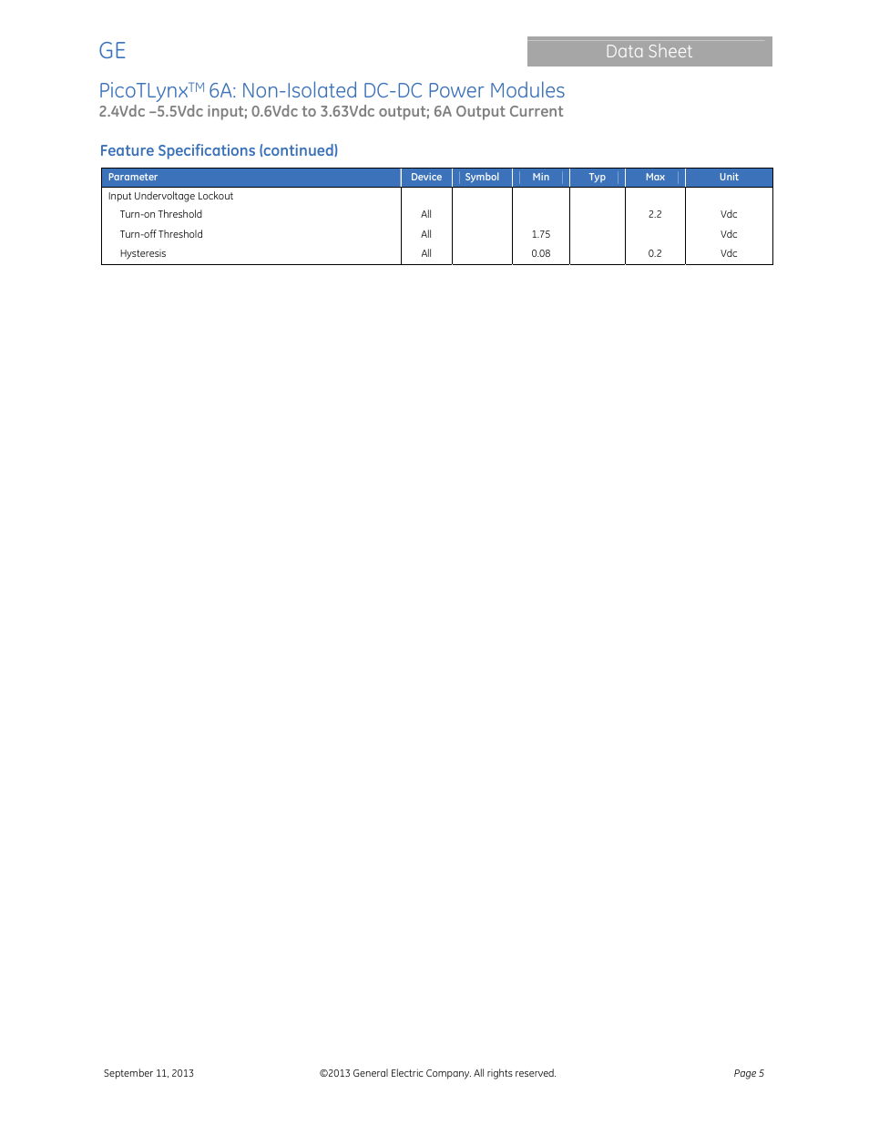 Picotlynx, 6a: non-isolated dc-dc power modules, Data sheet | Feature specifications (continued) | GE Industrial Solutions PicoTLynx 6A User Manual | Page 5 / 23