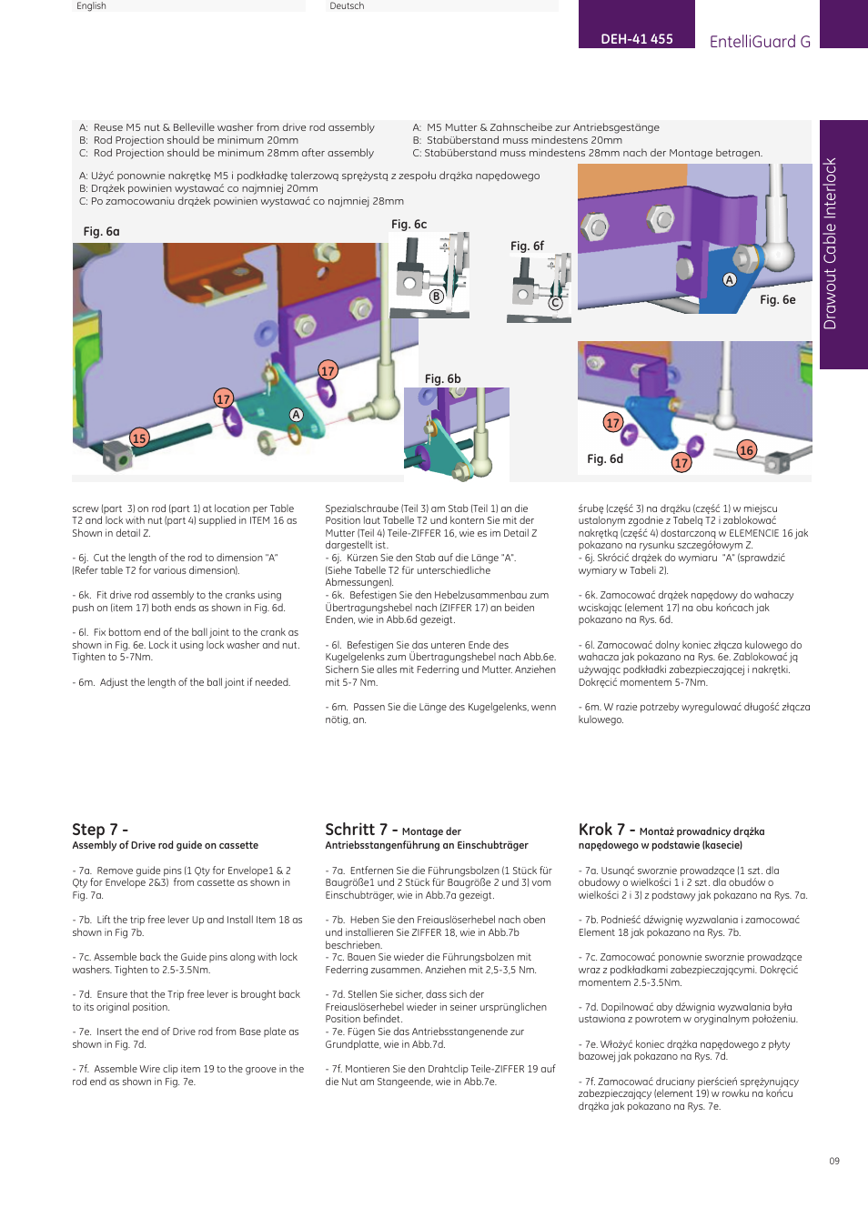 Seite9, Entelliguard g, Draw out cable interlock | Step 7, Krok 7, Schritt 7 | GE Industrial Solutions EntelliGuard G Cable Interlock (Drawout Breaker) User Manual | Page 9 / 16