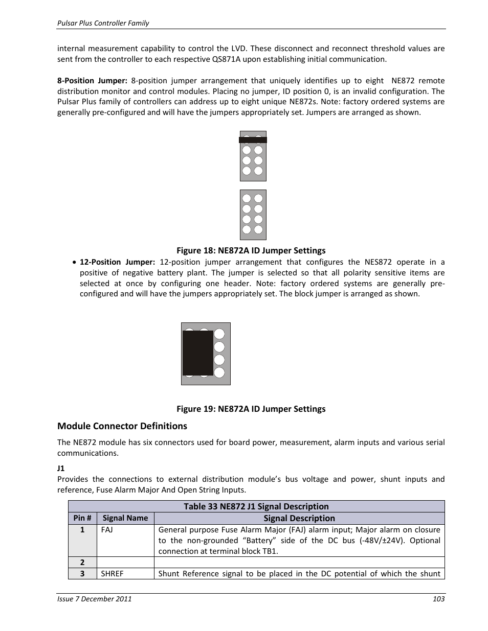 Module connector definitions, Figure 18: ne872a id jumper settings, Figure 19: ne872a id jumper settings | Table 33 ne872 j1 signal description | GE Industrial Solutions Pulsar Plus Controller User Manual | Page 103 / 196