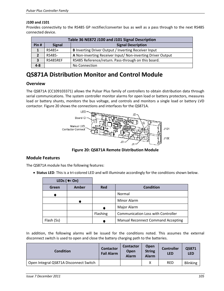 J100 and j101, Qs871a distribution monitor and control module, Overview | Module features, Figure 20: qs871a remote distribution module, Table 36 ne872 j100 and j101 signal description | GE Industrial Solutions Pulsar Plus Controller User Manual | Page 105 / 196