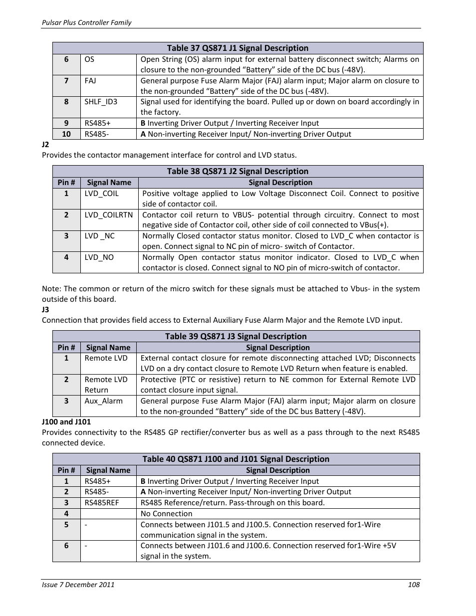J100 and j101, Table 38 qs871 j2 signal description, Table 39 qs871 j3 signal description | Table 40 qs871 j100 and j101 signal description | GE Industrial Solutions Pulsar Plus Controller User Manual | Page 108 / 196