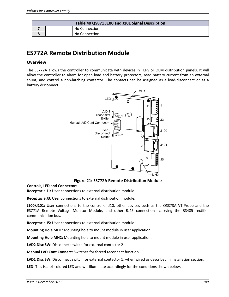 Es772a remote distribution module, Overview, Controls, led and connectors | Figure 21: es772a remote distribution module | GE Industrial Solutions Pulsar Plus Controller User Manual | Page 109 / 196