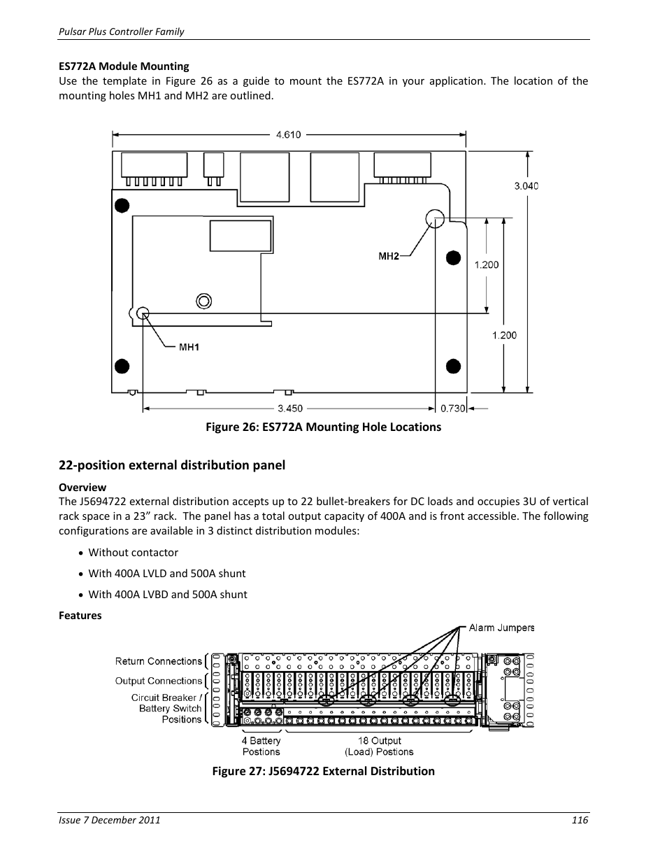 Es772a module mounting, Position external distribution panel, Overview | Features, Figure 26: es772a mounting hole locations, Figure 27: j5694722 external distribution | GE Industrial Solutions Pulsar Plus Controller User Manual | Page 116 / 196