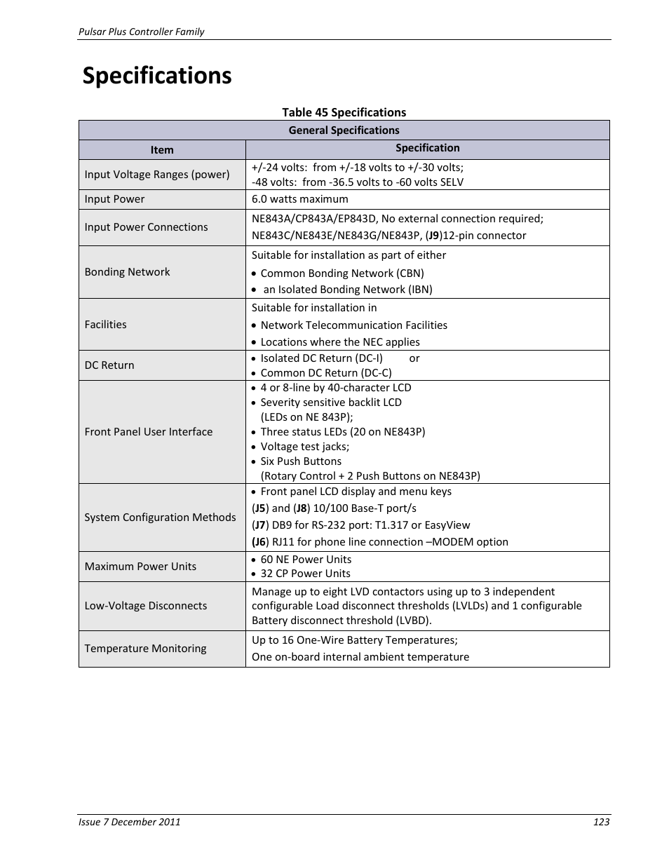 Specifications, Table 45 specifications | GE Industrial Solutions Pulsar Plus Controller User Manual | Page 123 / 196
