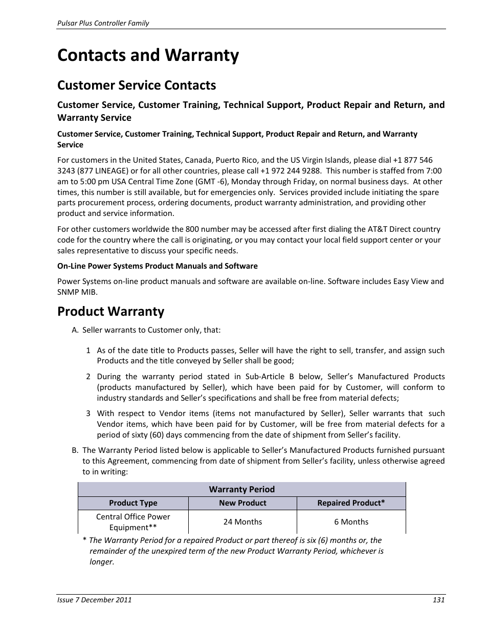 Contacts and warranty, Customer service contacts, Product warranty | Customer service contacts product warranty | GE Industrial Solutions Pulsar Plus Controller User Manual | Page 131 / 196