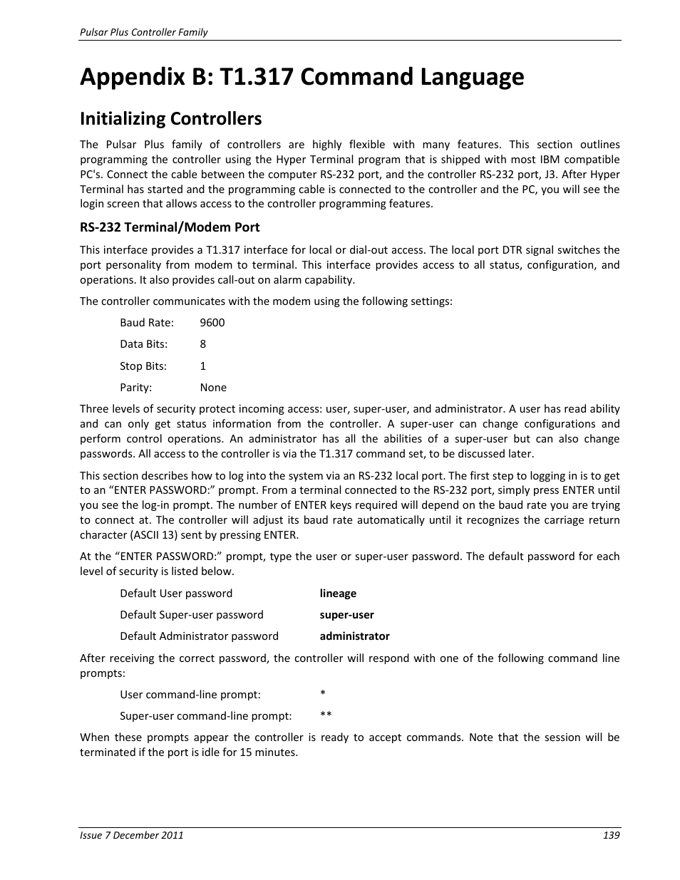 Appendix b: t1.317 command language, Initializing controllers, Rs-232 terminal/modem port | GE Industrial Solutions Pulsar Plus Controller User Manual | Page 139 / 196