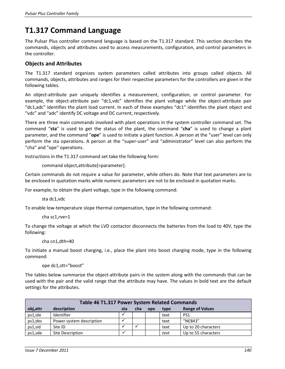 T1.317 command language, Objects and attributes, Table 46 t1.317 power system related commands | GE Industrial Solutions Pulsar Plus Controller User Manual | Page 140 / 196