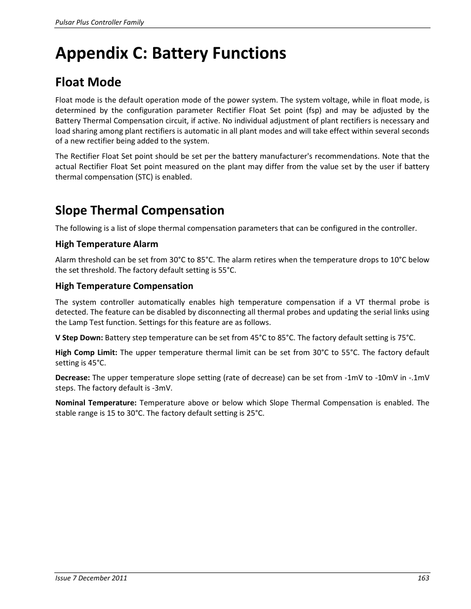 Appendix c: battery functions, Float mode, Slope thermal compensation | High temperature alarm, High temperature compensation, Float mode slope thermal compensation | GE Industrial Solutions Pulsar Plus Controller User Manual | Page 163 / 196
