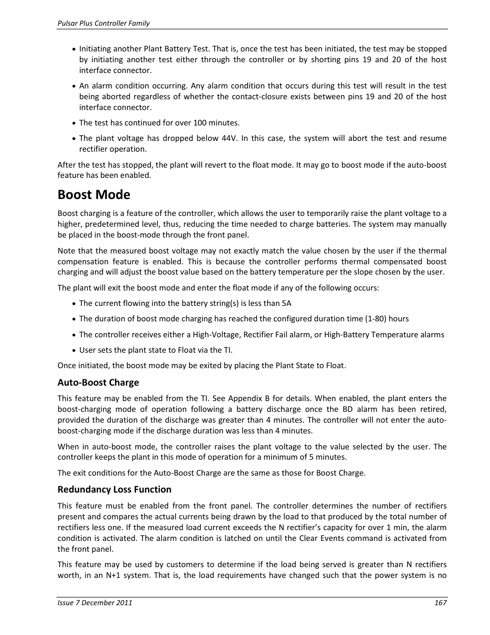 Boost mode, Auto-boost charge, Redundancy loss function | GE Industrial Solutions Pulsar Plus Controller User Manual | Page 167 / 196