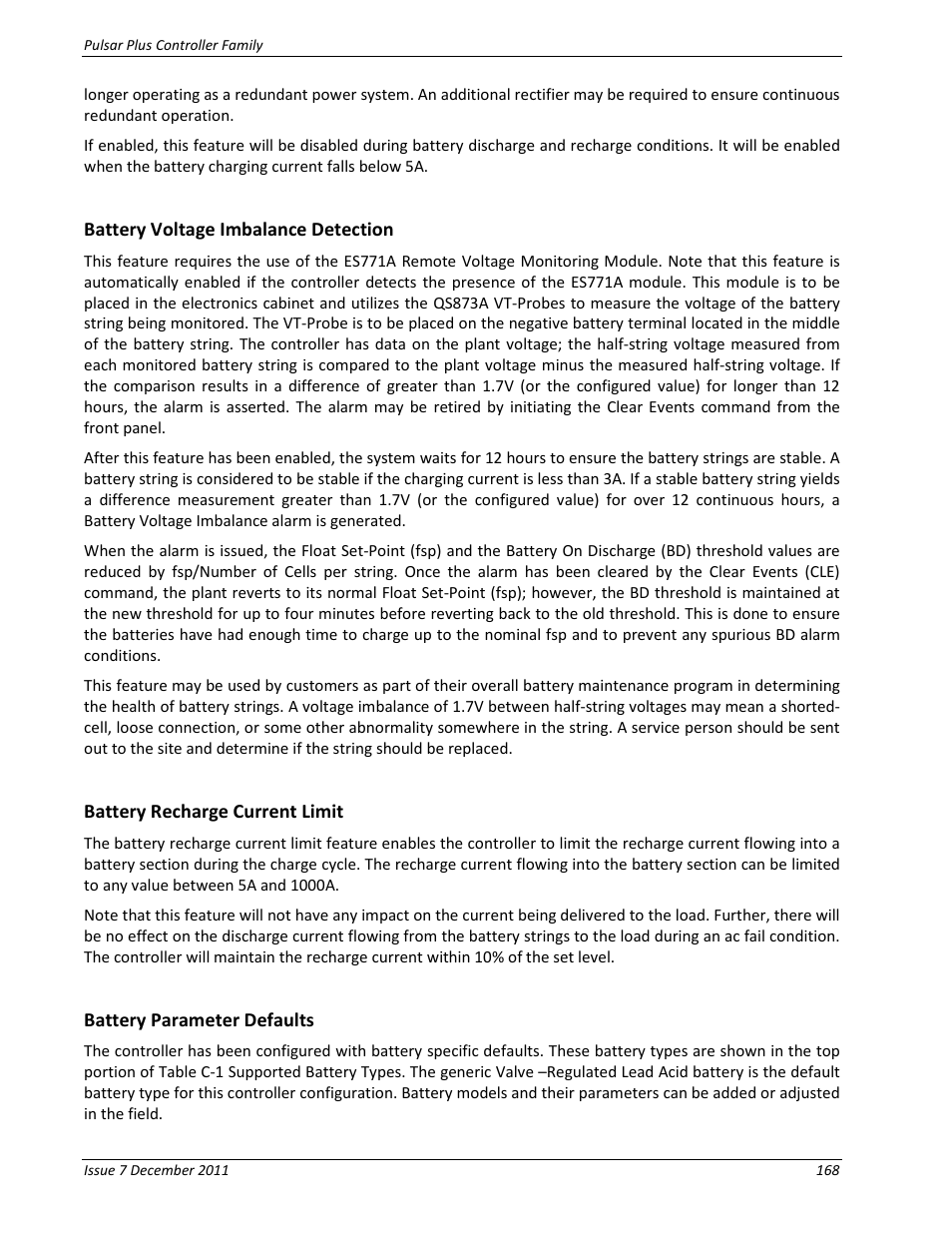 Battery voltage imbalance detection, Battery recharge current limit, Battery parameter defaults | GE Industrial Solutions Pulsar Plus Controller User Manual | Page 168 / 196