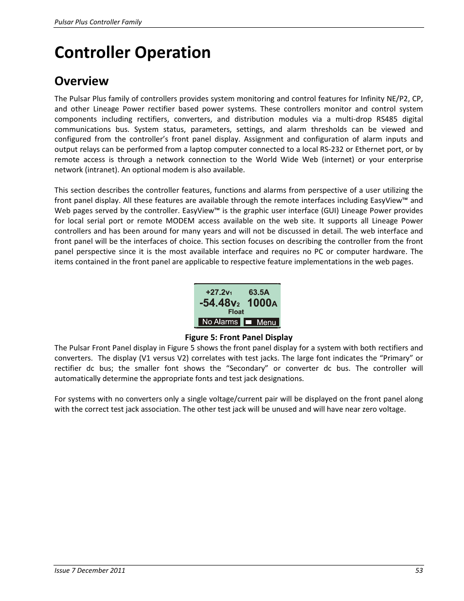 Controller operation, Overview, Figure 5: front panel display | GE Industrial Solutions Pulsar Plus Controller User Manual | Page 53 / 196