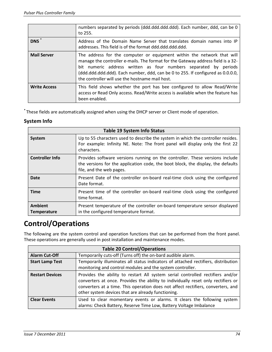 System info, Control/operations, Table 19 system info status | Table 20 control/operations | GE Industrial Solutions Pulsar Plus Controller User Manual | Page 74 / 196