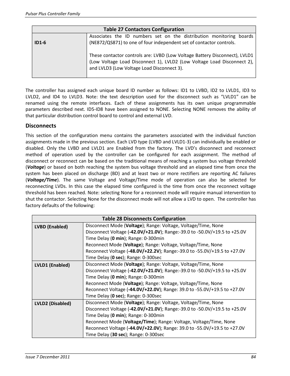 Disconnects, Table 27 contactors configuration, Table 28 disconnects configuration | GE Industrial Solutions Pulsar Plus Controller User Manual | Page 84 / 196