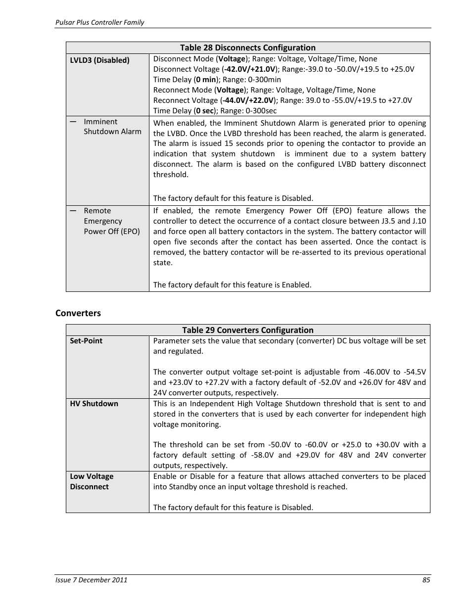 Converters, Table 29 converters configuration | GE Industrial Solutions Pulsar Plus Controller User Manual | Page 85 / 196