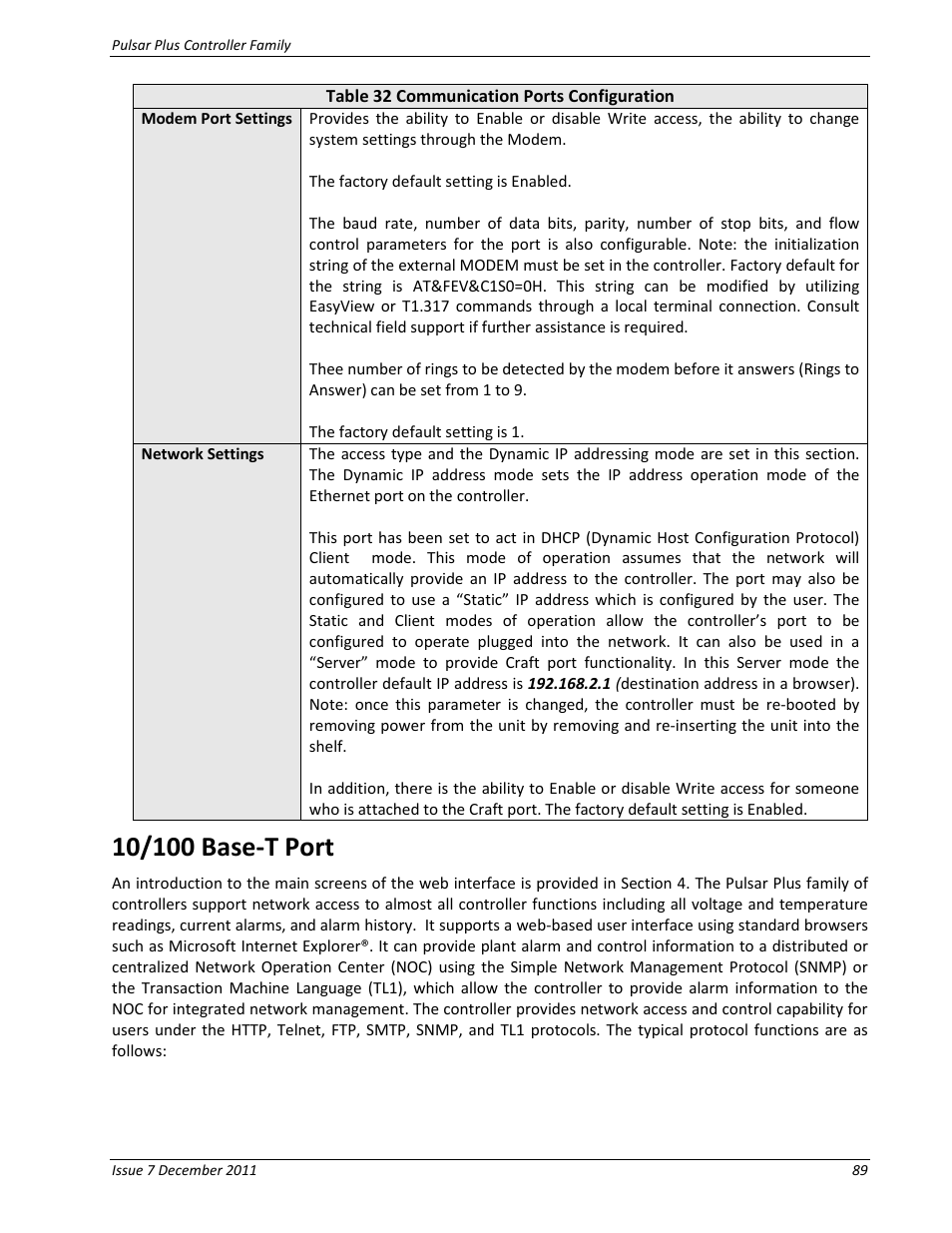 10/100 base-t port | GE Industrial Solutions Pulsar Plus Controller User Manual | Page 89 / 196