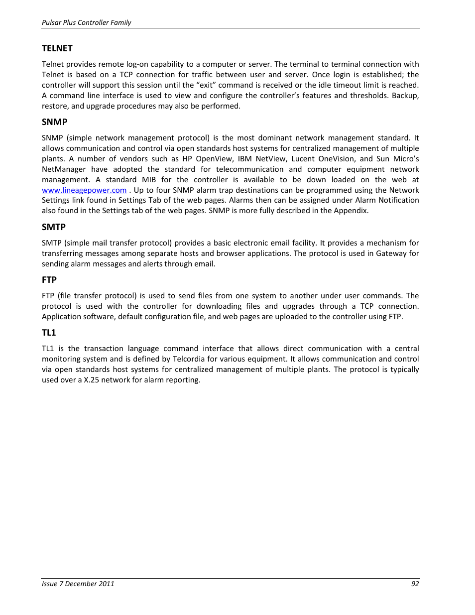 Telnet, Snmp, Smtp | GE Industrial Solutions Pulsar Plus Controller User Manual | Page 92 / 196