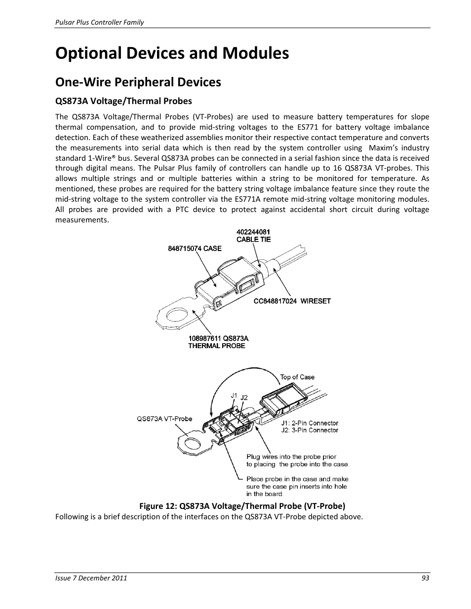 Optional devices and modules, One-wire peripheral devices, Qs873a voltage/thermal probes | Figure 12: qs873a voltage/thermal probe (vt-probe) | GE Industrial Solutions Pulsar Plus Controller User Manual | Page 93 / 196
