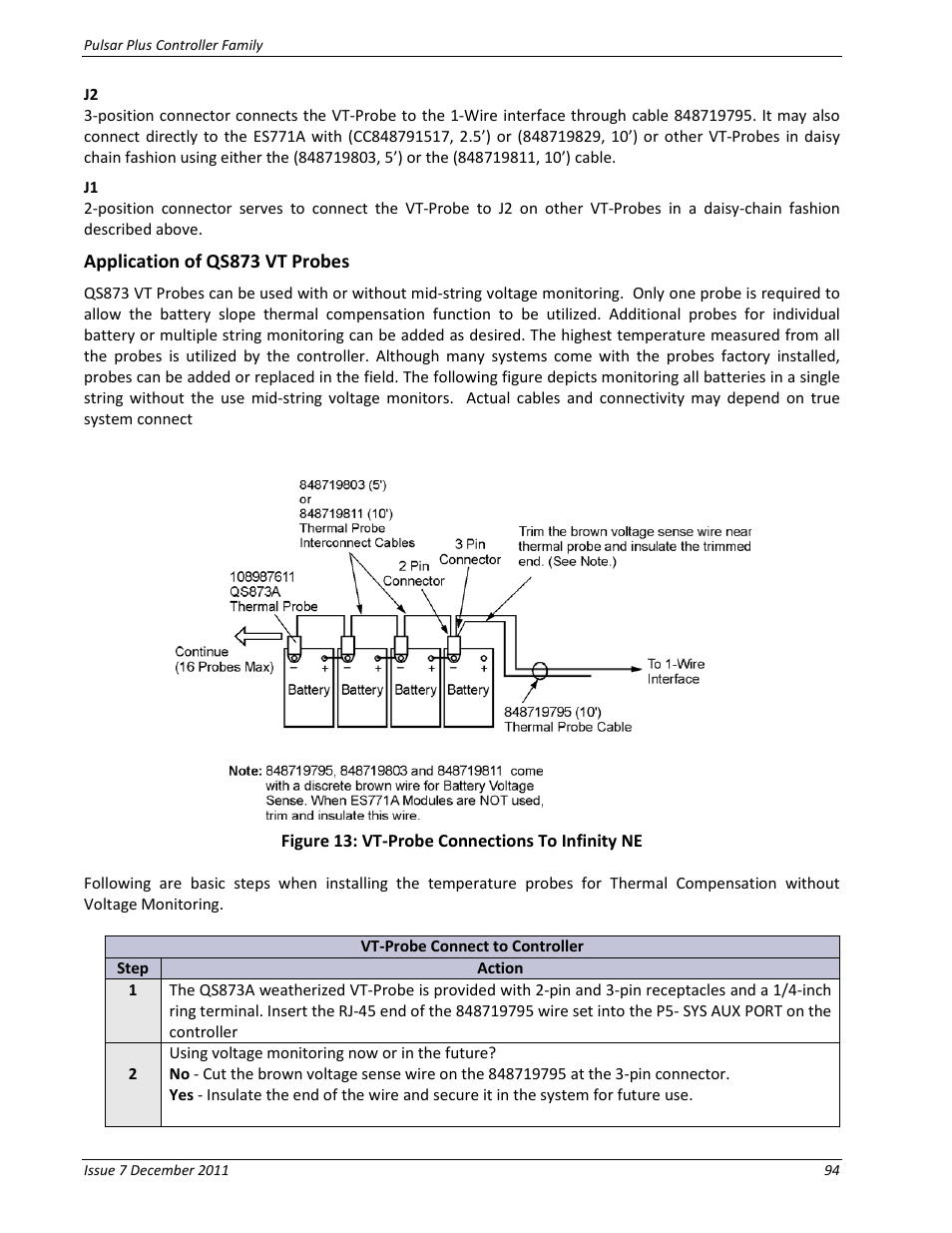 Application of qs873 vt probes, Figure 13: vt-probe connections to infinity ne | GE Industrial Solutions Pulsar Plus Controller User Manual | Page 94 / 196